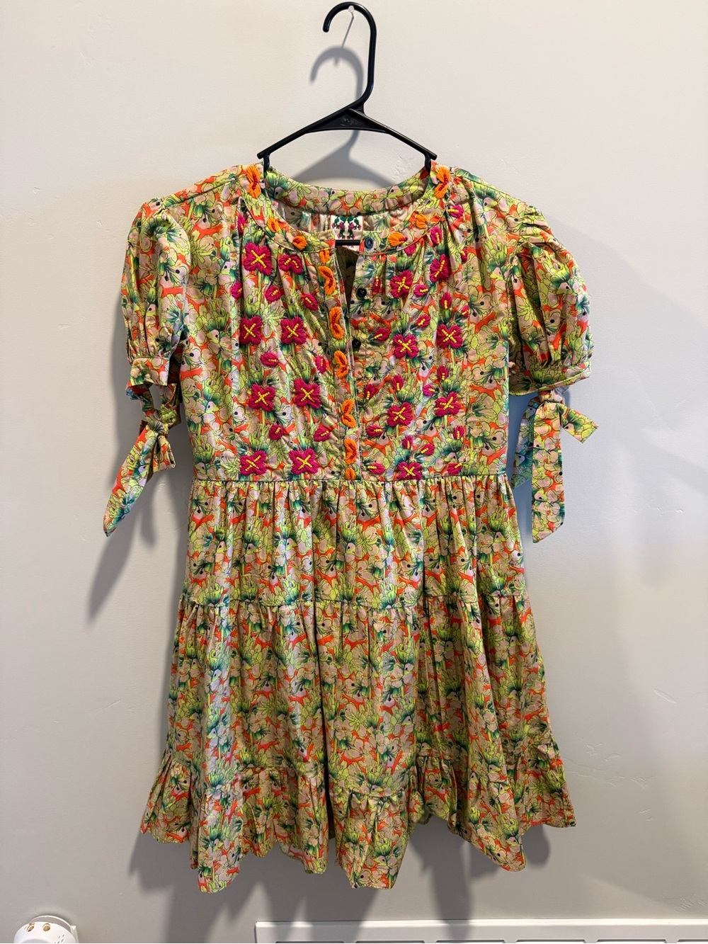 Anthropologie Green & Pink Floral Embroidered Mini Dress